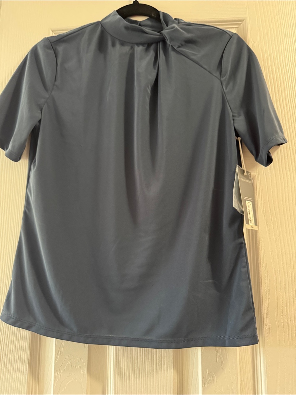 Worthington Dusty Blue Mock Neck Short Sleeve Top